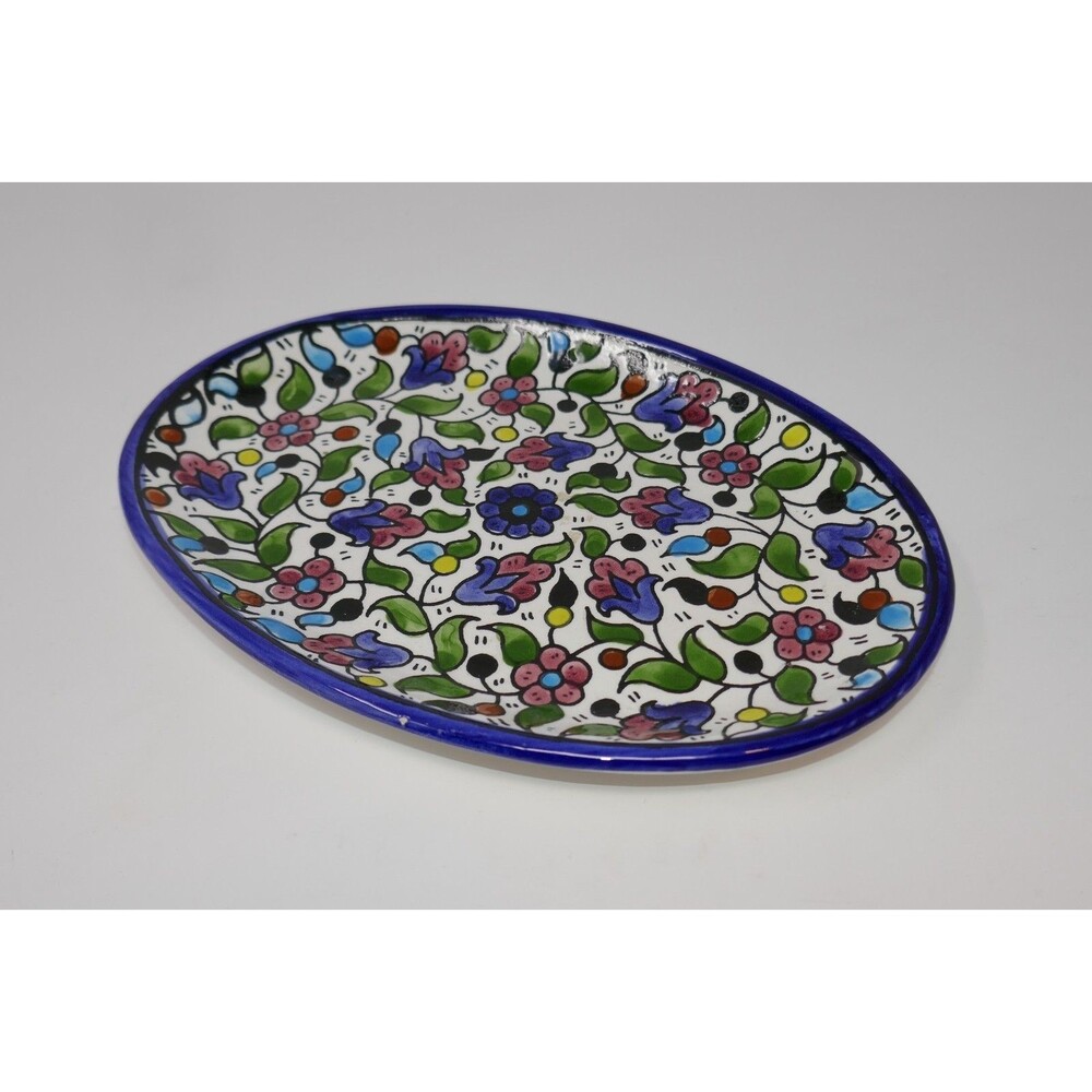 Armenian Pottery Hand Painted Floral Flowers Oval Dish Plate Made in Jerusalem - Picture 5 of 16